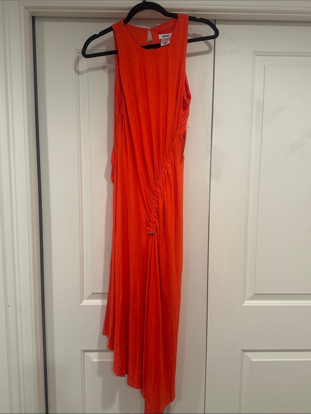 DKNY Orange Asymmetrical Sleeveless Ruched Midi Dress